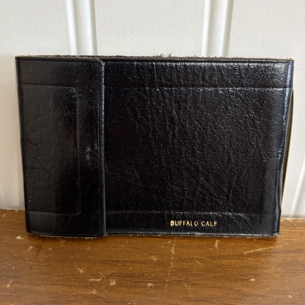 Vtg Buffalo Calf Leather Card Wallet Pebbled Suit Pocket Bifold Photo Black
